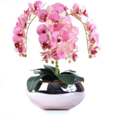 Imagem de Arranjo de Orquídea com Estrias Rosa em Vaso Rose Gold - Vila das Flor