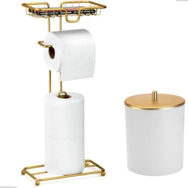 Imagem de Kit Acessorios Papeleira de Chão Porta Papel Higiênico Lixeira Lavabo Banheiro Dourado Luxo