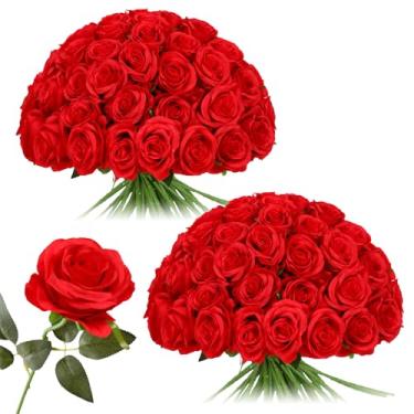 Imagem de Nubry 50 peças de rosas de seda artificial, flores de rosas falsas com hastes flores realistas para centro de mesa de casamento, decoração de festa em casa (vermelho)