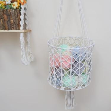 Imagem de Cesta suspensa de macramê para organização, suporte de armazenamento Boho com alça para quarto, cozinha, banheiro, decoração de casa de fazenda, cesta de algodão branco