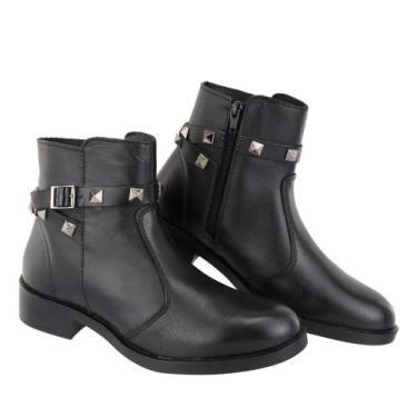 Imagem de Bota Feminina de Couro Legitimo Cano Curto Salto Baixo Ziper Fivela Pi