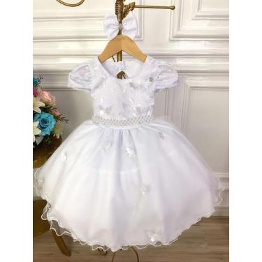 Imagem de Vestido Infantil Branco Renda Aplique Flor Borboleta e Laço - mimadine