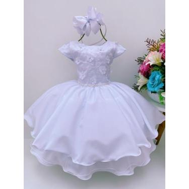 Imagem de Vestido Infantil Branco C/ Renda E Aplique De Flores Pérolas - flu flu