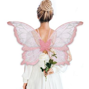 Imagem de ALIBBON Butterfly Wings Glitter Pink Fairy Wings Costume for Women, Spring Summer Butterfly Wings Princess Angel Elf Dress Up Accessories for Halloween Party Cosplay Christmas Holiday Decorations