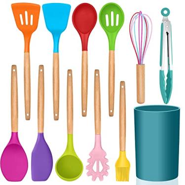 Imagem de E-far Conjunto de Utensílios de Cozinha com 12, Utensílios de Cozinha de Silicone com Suporte, Antiaderente, Adequados para Panelas e Resistentes Ao Calor, Inclui Espátula, Pinça, (12 Peças)