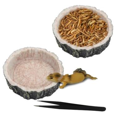 Imagem de IBWell 2 tigelas de água para répteis com pinças de alimentação - Prato de comida de réptil para lagarto, cobra, tartaruga e animais pequenos - toco de árvore de madeira