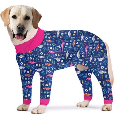Imagem de PriPre Terno de recuperação de cirurgia de cães, estampa de unicórnio, camisas de manga comprida, pijama macio, macacão para evitar lamber cães, adequado para cães grandes e médios (azul, GG)