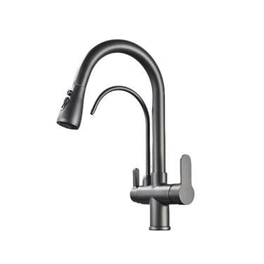 Imagem de Torneira de cozinha cromada purificada, montada no deck, filtro de água pura, pia, rotação de 360 graus, torneira misturadora de água quente e fria, guindaste, cinza