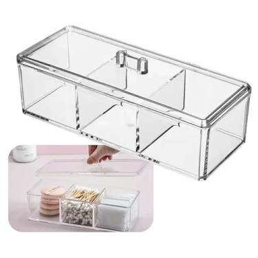 Imagem de Porta Algodão e Cotonete, Organizador Acrílico - Kit com 3 Divisórias e Tampa - Ideal para Maquiagem, Banheiro e Escritório - Acrílico Resistente, Alta Transparência - 22 x 9 x 8,5 cm