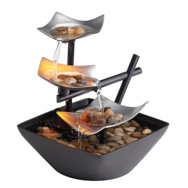 Imagem de HoMedics Fonte de mesa para relaxamento de 3 níveis, bomba automática com interruptor de alimentação, bacia extra profunda com pedras naturais de rio e iluminação refletiva, EnviraScape Silver Springs