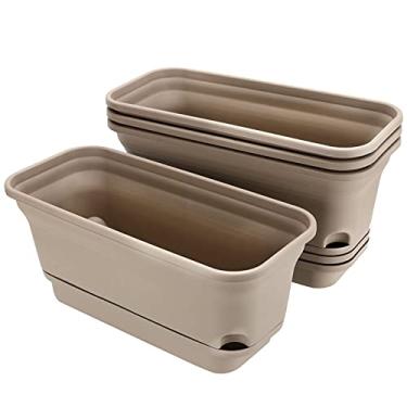 Imagem de MAHIONG Conjunto de 4 vasos de plantas de plástico para janela de flores com bandejas, vaso retangular de 38 cm, vasos decorativos para plantas de jardim para janelas, ambientes internos e externos, suculentas, marrom