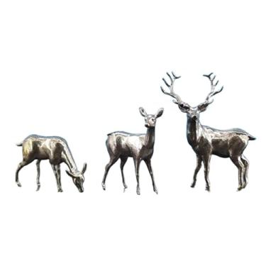 Imagem de 3 peças de latão preto Sika veado Buck Doe Fawn modelo miniatura estatuetas, metal Natal veado família estátua escultura bonsai micro paisagem areia mesa decoração
