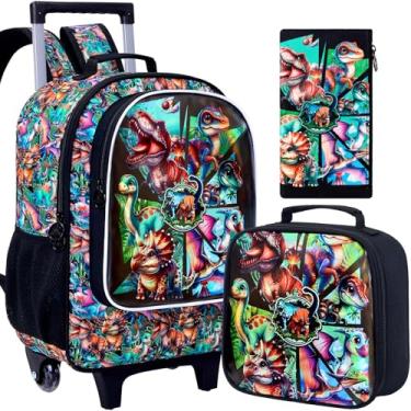 Imagem de AGSDON 3 unidades de mochila com rodinhas para meninas e meninos, mochila infantil com rodinhas para escola primária com lancheira, Rolo de dinossauro 7ge, Small