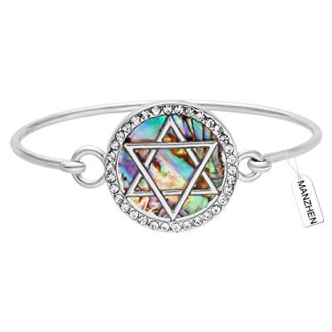 Imagem de MANZHEN Pulseira de cristal com pingente judaico de estrela de Davi Abalone com fio aberto, Large, Aço inoxidável, Cristal