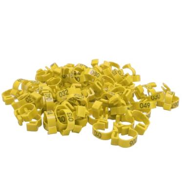 Imagem de 100 peças de plástico para identificação de galinha, faixas de perna de frango, 20 mm 001 a 100 faixas de perna de aves numeradas para patos, pintinhos, ganso, ave de caça, peru (amarelo)