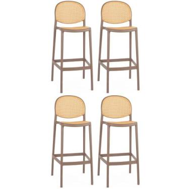 Imagem de Kit 4 Banqueta Alta com Encosto Roma em Polipropileno - Marrom Claro -