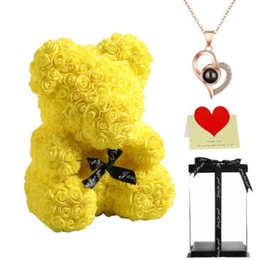 Imagem de Urso de pelúcia rosa grande de 40 cm com caixa de presente, urso de flores para aniversário, dia das mães, casamento, aniversário, presente romântico para ela (amarelo)