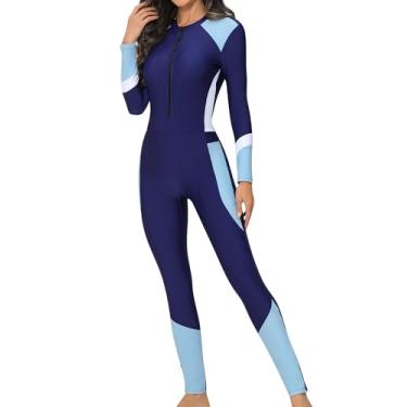 Imagem de FEOYA Maiô feminino de manga comprida de corpo inteiro com zíper frontal estampado surfe esportivo, 03 Azul escuro, GG