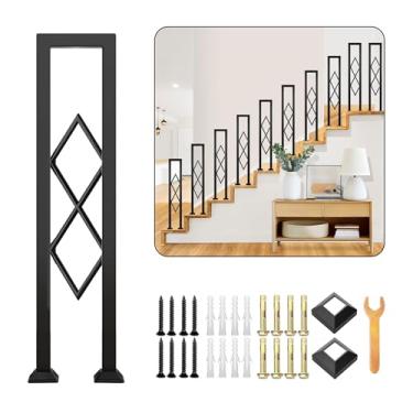 Imagem de CQAEBK Corrimão de escada em forma de U, trilhos decorativos de ferro forjado preto para escadas internas, varanda deck corredor sótão segurança antiderrapante suporte com padrão de diamante (2,8