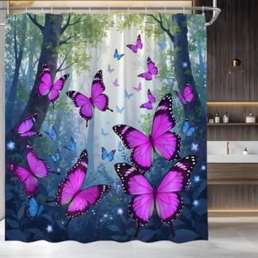 Imagem de KTGHA Cortina de chuveiro borboleta roxa fantasia mágica conto de fadas encantado país das maravilhas floresta jardim tecido poliéster conjunto de decoração de banheiro com ganchos (177.8 cm WX70 H)
