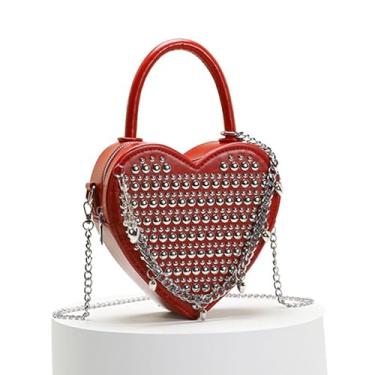 Imagem de Bolsa transversal, estilo punk, rebites de dupla face, costas de ombro único em formato de coração, alça de corrente em forma de coração, Vermelho