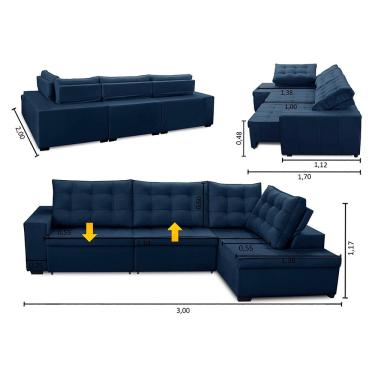 Imagem de Sofá de Canto Retrátil e Reclinável com Molas 3,00x2,00 ld Jacke Suede Azul Madelina Decor