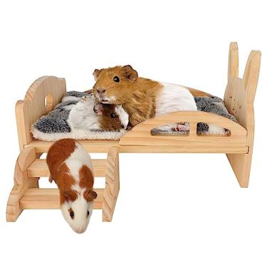 Imagem de BWOGUE Cama de porquinho-da-índia de madeira com escadas e tapete, cama lavável de lã macia para animais pequenos, plataforma para hamsters, coelhos anões, chinchila, esquilo, ouriço, habitat