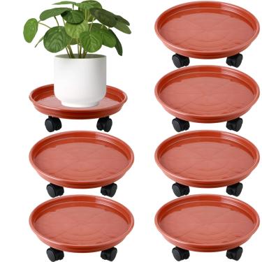 Imagem de Pacote com 6 suportes de plástico para plantas com rodas de 30 cm, suporte para plantas pesadas, com rodízios, rodas de base de rolo de plantas internas e externas, vermelho ferrugem