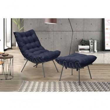 Imagem de Poltrona Costela Luxo Com Puff Adão Preto - Veludo Azul