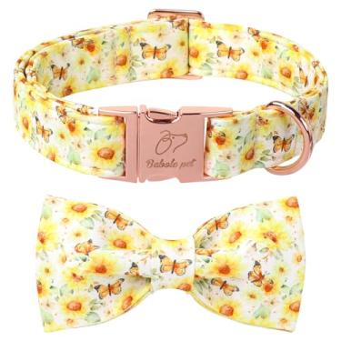 Imagem de Babole Pet Coleira floral para cães com gravata borboleta - coleira borboleta de girassol amarela ajustável respirável confortável primavera-verão para cães pequenos, médios e grandes, M
