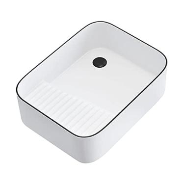 Imagem de Pia de vaso de pia de vaso de 50 cm x 38 cm de cerâmica branca com aro preto retangular pia de vaso de banheiro pia de vaso de porcelana acima do balcão pia de banheiro arte moderna pia de banheiro