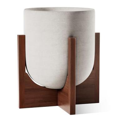 Imagem de LE TAUCI Vaso de 25 cm com suporte de madeira de acácia, vasos de cerâmica para plantas de interior, vasos de plantas exclusivos para decoração de casa, vasos cilíndricos para plantas com orifício de