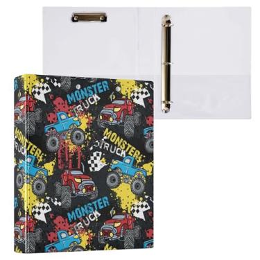 Imagem de Fichário Monster Truck preto redondo para carros de corrida de 3 anéis, 3 anéis, para escritório, escola, material de trabalho, pasta de arquivo, capacidade para 200 folhas