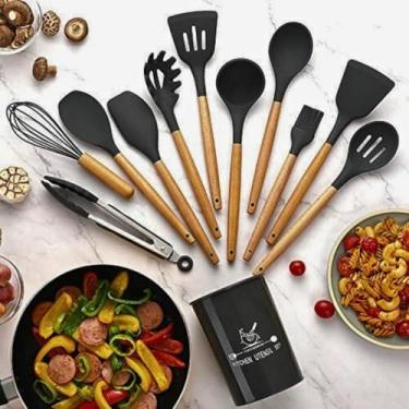 Imagem de Kit 12 Utensílios de Cozinha em Silicone Cabo Madeira Conjunto Jogo Completo Espátula Concha Colher Resistente Alta Temperatura Premium (PRETO)