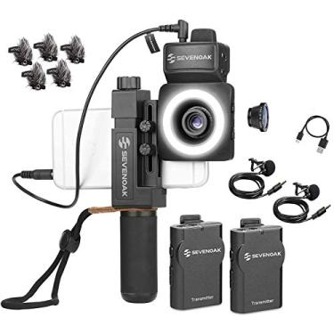 Imagem de Movo SmartCine W2 – Kit de vídeo para smartphone sem fio com equipamento de telefone, sistema de microfone de lapela sem fio duplo, luz LED, lentes largas e olho de peixe para telefones iPhone/Android