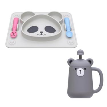Imagem de Kit Prato Panda e Copo Animais Antivazamento Refeição Infantil Bebê Talheres Silicone BPA Free (Panda e Ursinho Cinza)