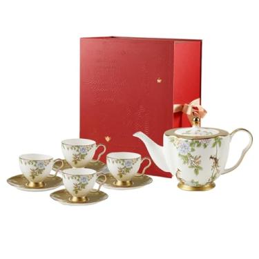 Imagem de Xícaras e pires de café de cerâmica estilo chinês, talheres florais requintados e capazes - um pote de quatro xícaras (caixa)