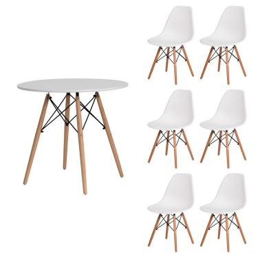 Imagem de Kit Mesa Redonda De Jantar Para 6 Lugares Com 6 Cadeiras Charles Eames Eiffel Branco