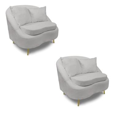 Imagem de Poltrona Decorativa Orgânica Pé Ferro Dou Kit 2 Zaya Bouclê Cinza C05 - D'rossi