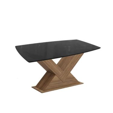 Imagem de Mesa De Sala Jantar Amora C/tampo Madeirado C/ Vidro 90x170cm Nogueira/preto Fosco/vidro Preto