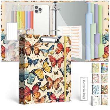 Imagem de Organizador de fichário de 3 anéis, 2,5 cm, fichários KLLVE com três anéis com prancheta, divisórias de bolsos de 5 abas, pasta de plástico, 18 divisórias stikers, laço para caneta (tamanho borboleta