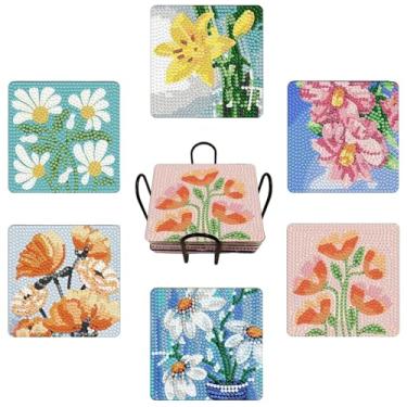 Imagem de Bulerrylulu Kit Com 6 Peças De Porta-Copos Pintura Diamante 5D E Suporte, Conjunto Arte Floral Para Bebidas Café, Pequeno Iniciantes Adultos, Artesanato Faça Você Mesmo, Presentes Decoração Casa (B-