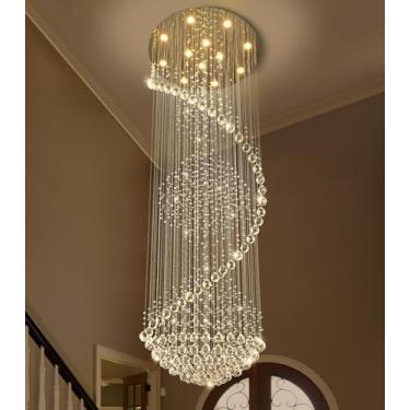 Imagem de cenozo Lustre De Cristal 98'', Lustres Teto Alto Para Escadas, Grande Gota Chuva, Led, Regulável, Luminárias Embutidas, Hall Entrada, Corredor, Lâmpadas Douradas Incluídas