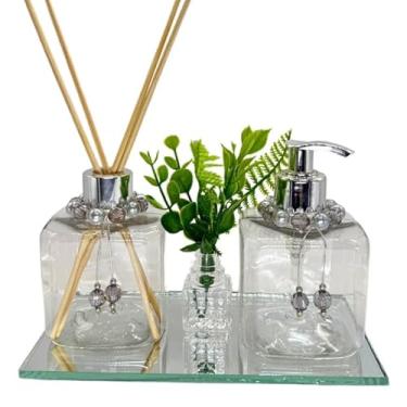 Imagem de Kit Lavabo Plástico LUXO Cubo TRANSPARENTE Saboneteira e Difusor com Bandeja