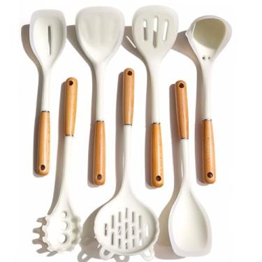 Imagem de Conjunto de utensílios de cozinha de silicone de qualidade – Conjunto de utensílios de cozinha não tóxicos e resistentes ao calor com alças de silicone e madeira de grau alimentício – Inclui espátula