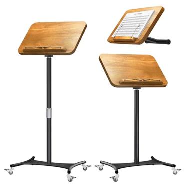 Imagem de NAMON Suporte de música para partituras com rodas de bloqueio, suporte portátil de música com rolamento, altura e ângulo ajustáveis, painel grande de madeira maciça com clipe de papel de página, ideal