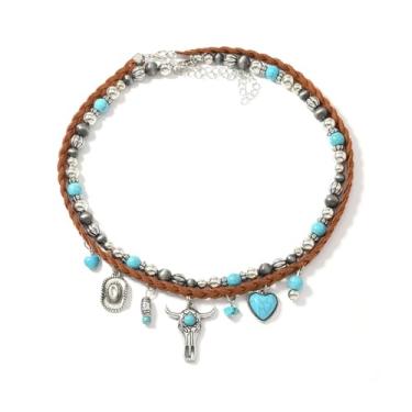 Imagem de Your Always Charm Colar feminino estilo boho ocidental com contas turquesa e pingente de cabeça de boi, joia ocidental para mulheres, Latão, Latão