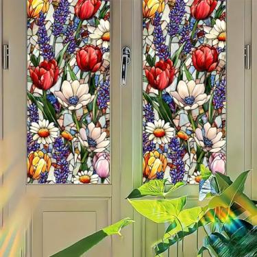 Imagem de Starlit Patio Película para janela de vitral primavera floral privacidade decalques de janela tulipa margarida lavanda padrão aderência estática capa de janela decorativa bloqueio solar para painéis