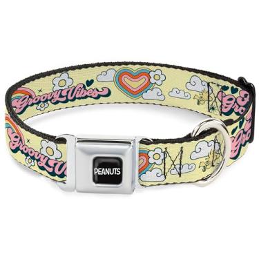 Imagem de Coleira para animais de estimação Peanuts Worldwide LLC, coleira de cachorro, fivela de cinto de segurança de metal, Peanuts Snoopy Flying Ace e Woodstock Groovy Quotes Collage, 24 a 33 cm de largura