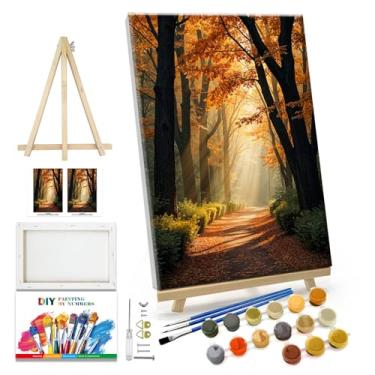 Imagem de JOOZ Kit de pintura por números para adultos com moldura de pintura florestal por número com cavalete paisagem de outono kits de pintura a óleo de árvore em tela emoldurada para presente decoração de